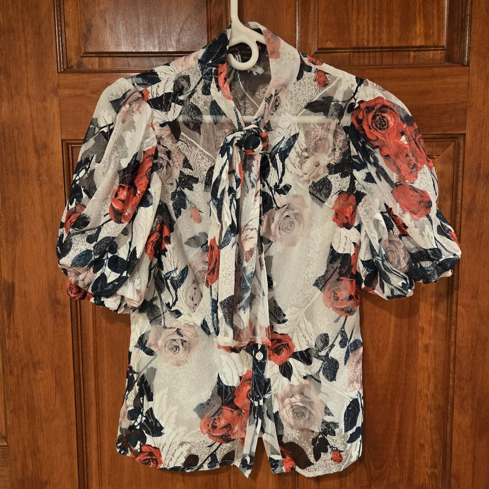 Gracia Floral Outfit Puff Sleeve Blouse & Skirt - Red, Black, White